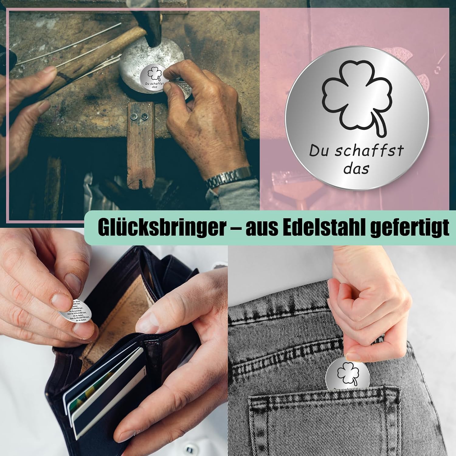 Thumbnail 3 de Tixlux Pocket Hug Glücksschweinchen Figur mit Glücksklee und Glücksbringer (Silber III)