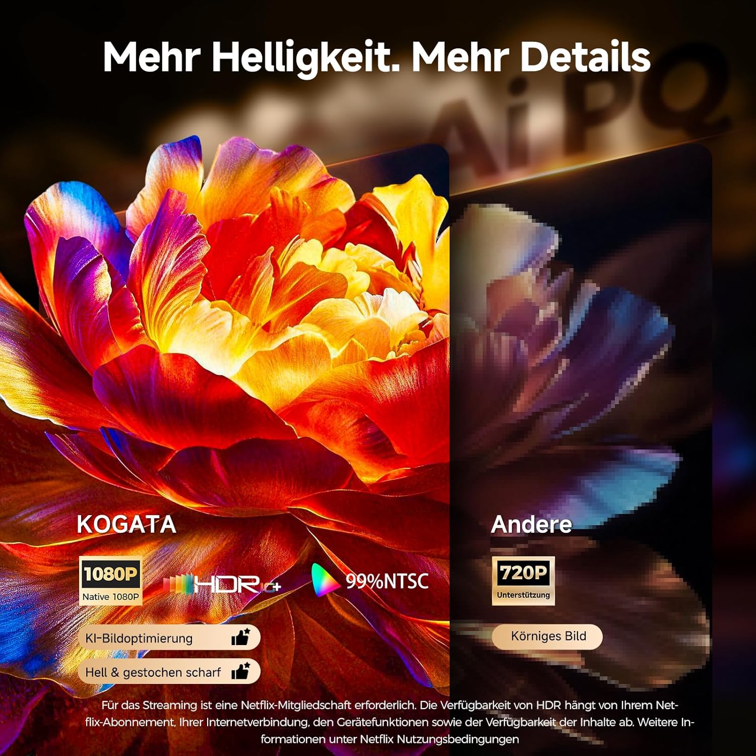 Detalle 2 de KOGATA GC357 4K Smart Beamer mit WLAN & Bluetooth – HDR10+ Auto-Fokus, 6D Keystone, Dolby Audio, Heimkino für Garten & Streaming