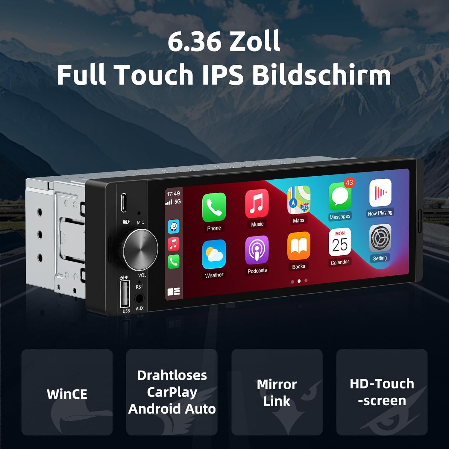 Detalle 2 de ESSGOO 6,36 Zoll 1-DIN Autoradio mit Wireless CarPlay und Android Auto