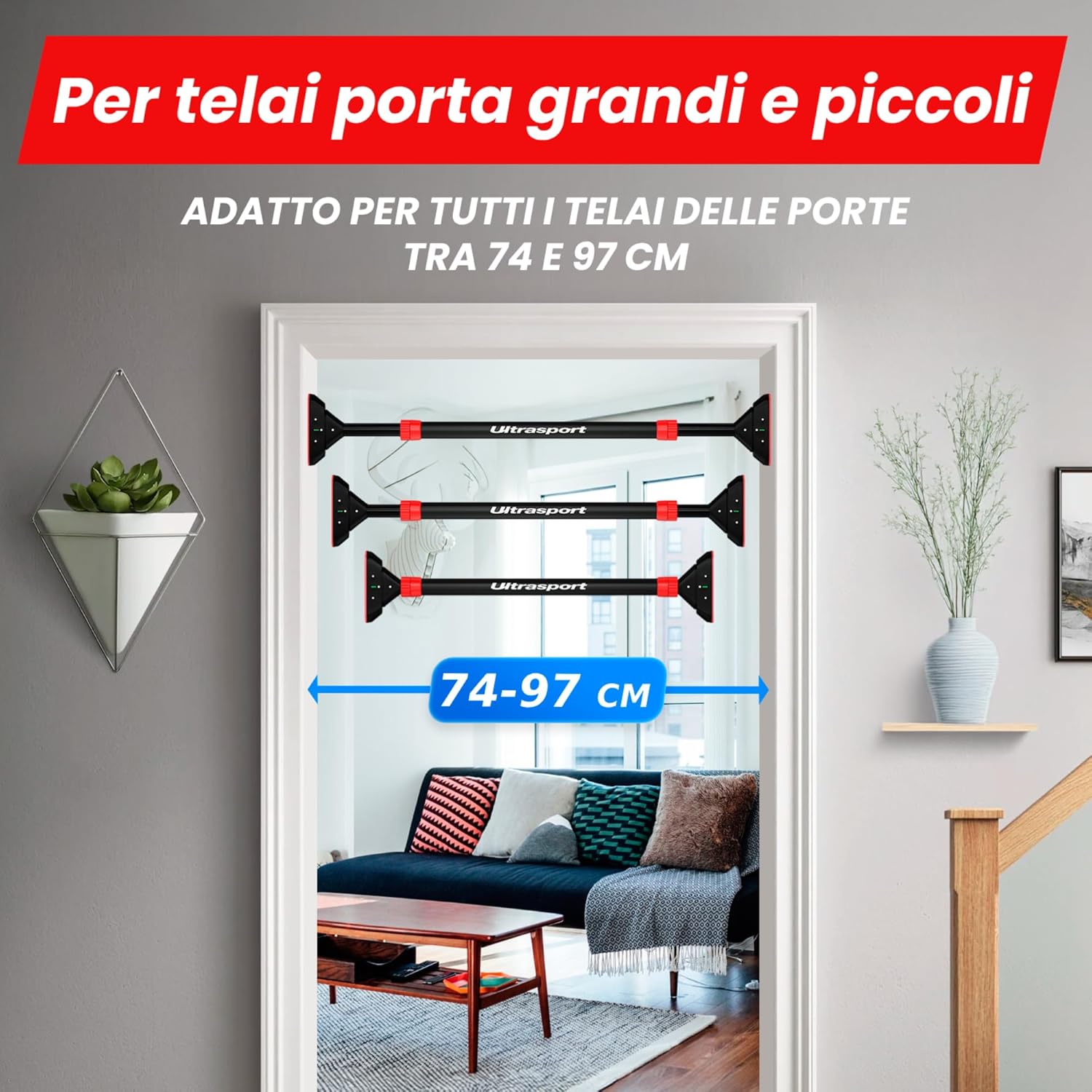 Detalle de Ultrasport Barra per trazioni: barra per porta regolabile 66,5–93 cm, senza viti, antiscivolo e presa in schiuma
