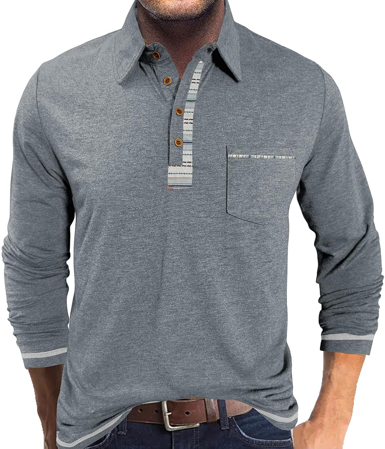 Detalle de LAOARA poloshirt heren met lange mouwen, zak, contrastdetails en regular fit