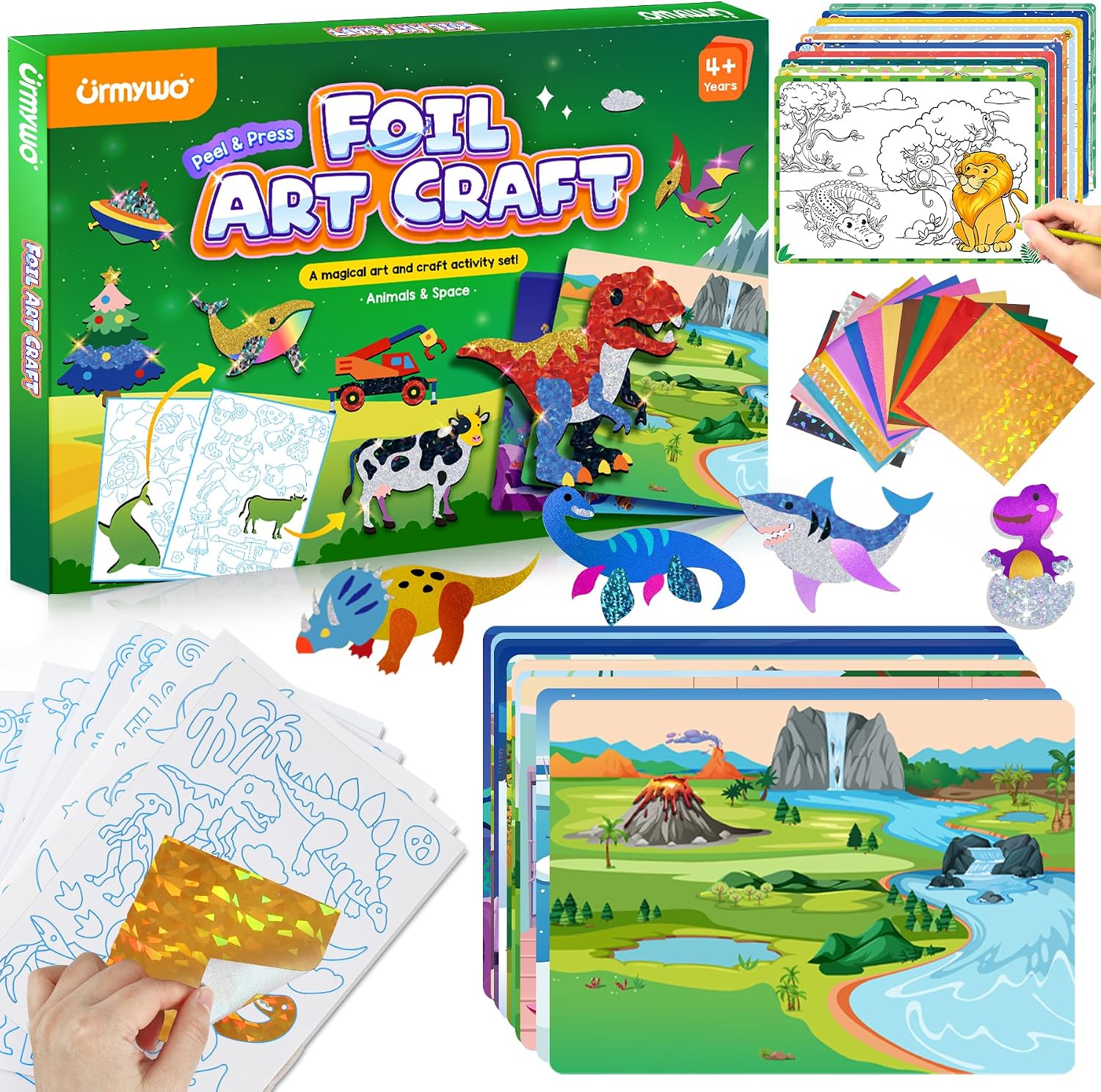 Detalle de URMYWO Folienspaß Kinder: 2-in-1 Kreativ-Folie & Malpapier mit Dinosauriern und Weltraum