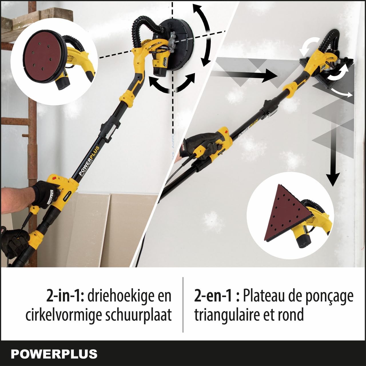 Detalle de POWERPLUS POWX0477 – szlifierka do płyt g-k 710 W, teleskopowa, 2 talerze