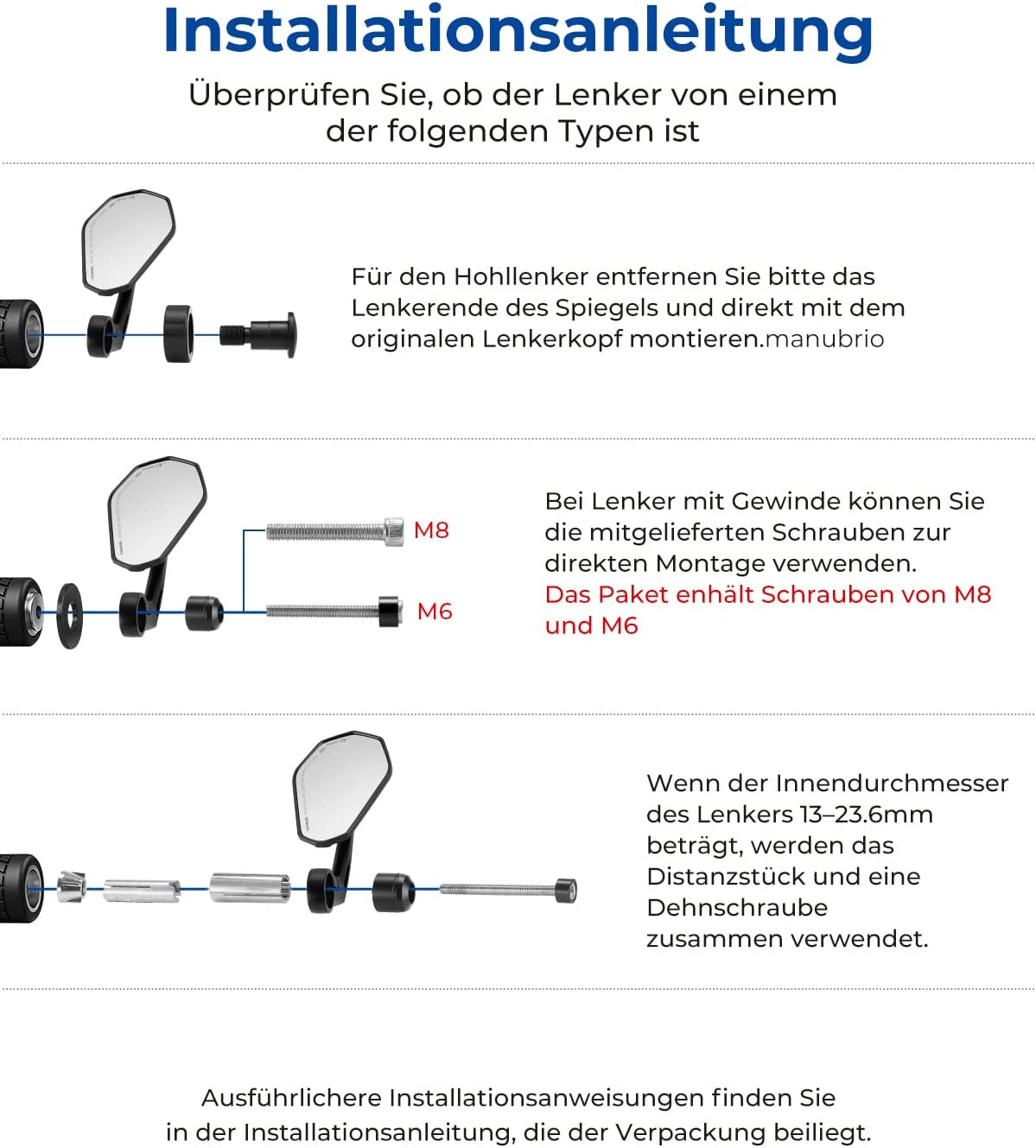 Detalle de KEMIMOTO CNC Lenkerendenspiegel – E-geprüft, 360° verstellbar, 22 mm