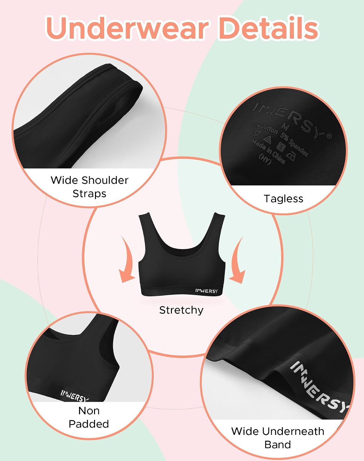 Detalle 2 de INNERSY Girls Sports Bra Cotton Crop Tops (3 Pack) — Non-Padded Training Bras for Ages 6–16