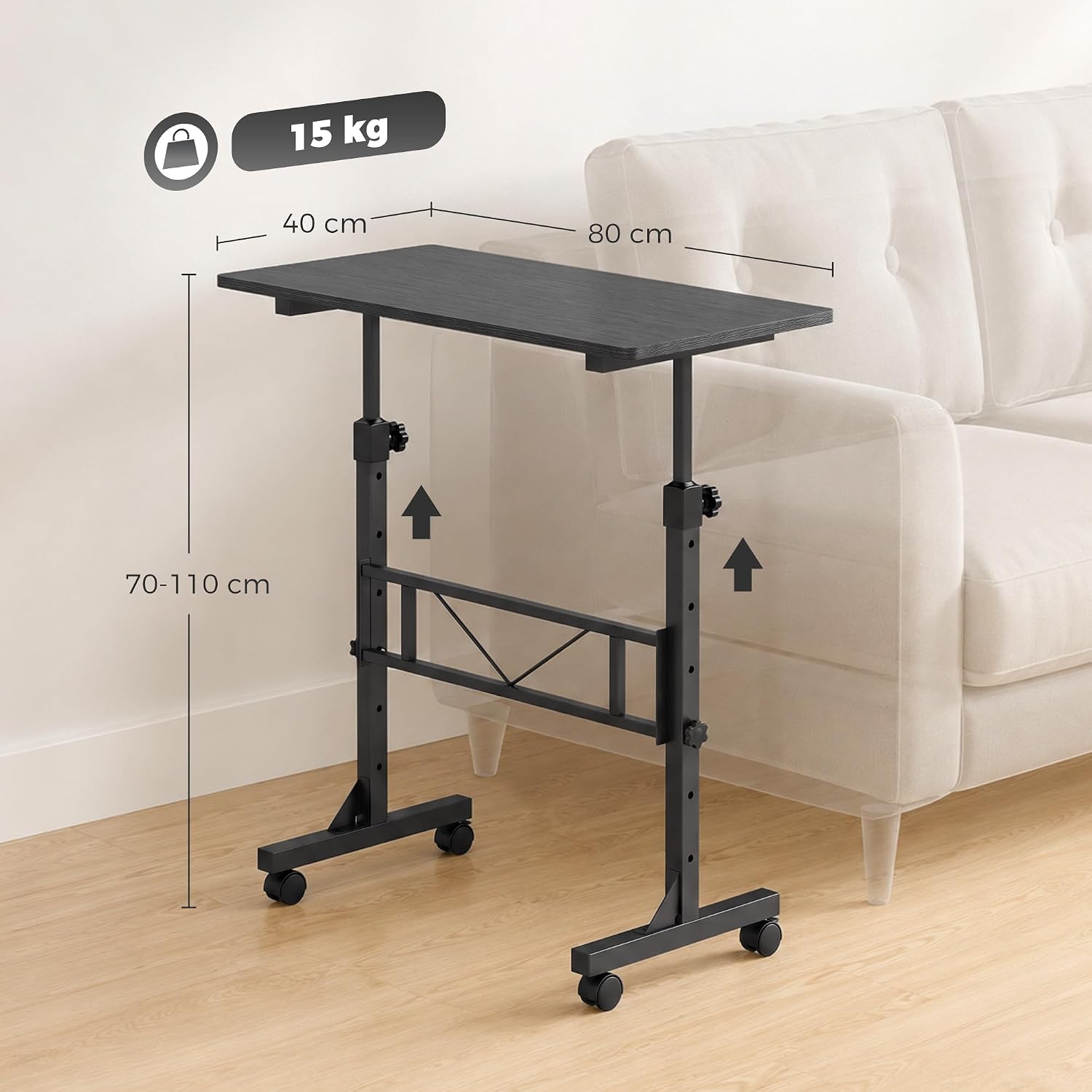 Detalle de HOMCOM 838-634V00BK Overbed Table, Adjustable Height, Wheeled, 80 x 40 cm