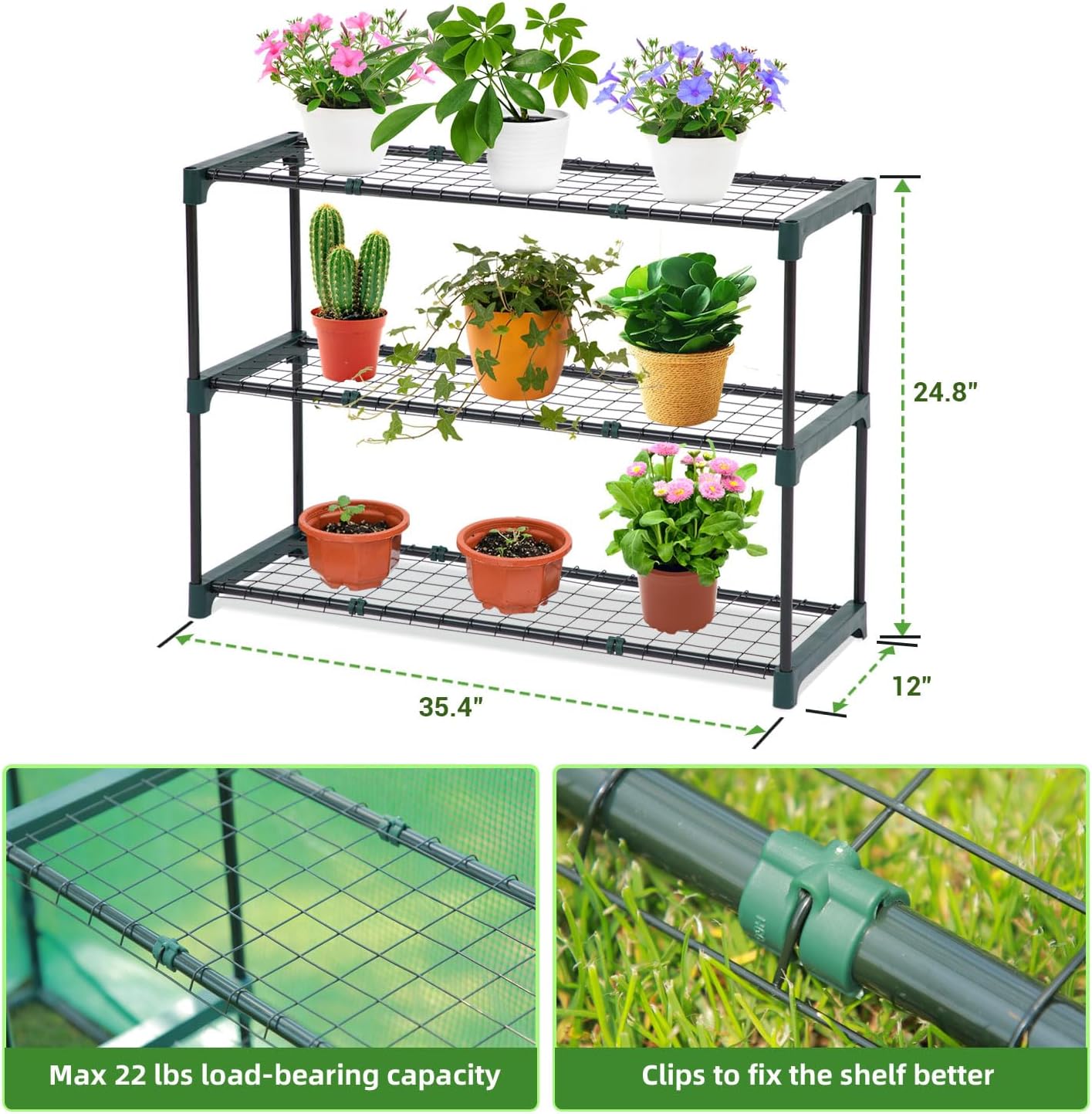 Detalle 2 de Ohuhu portable lean-to greenhouse with free 3-tier shelving unit, mesh windows and double roll-up zip doors (200 x 100 x 210 cm)