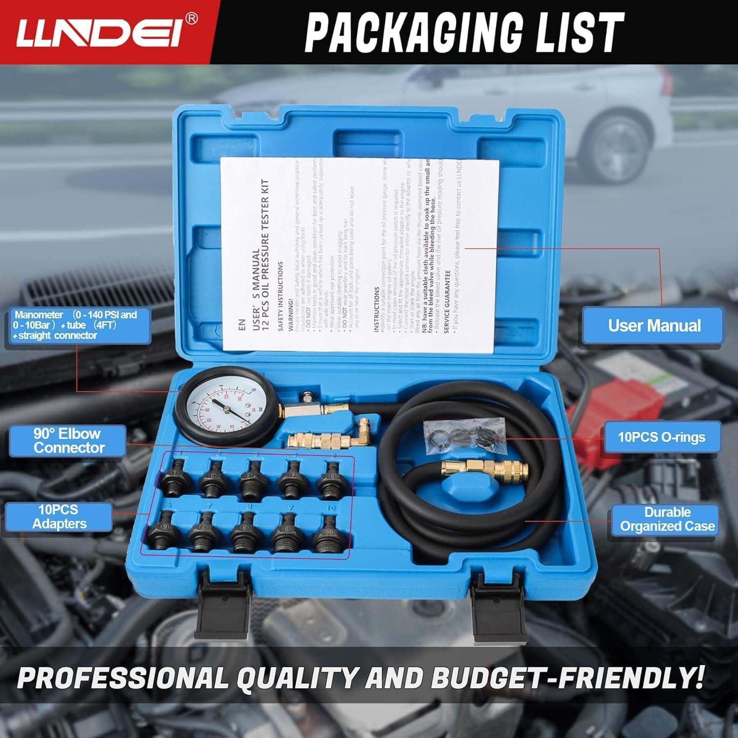 Detalle 2 de LLNDEI Oil Pressure Tester Tool 0-140 PSI: Engine Oil Gauge Kit with 4 ft Hose and 90° Fitting