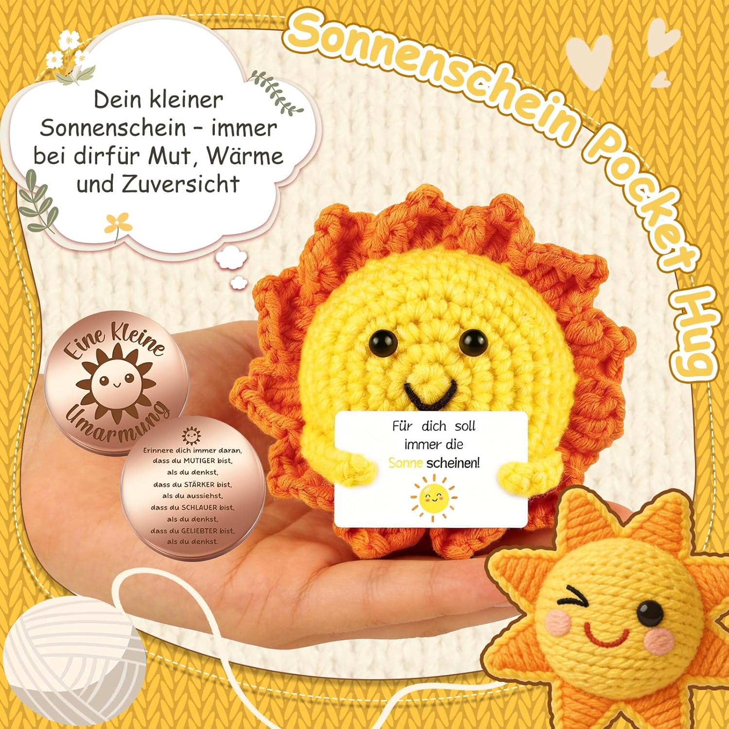 Detalle de Giftota Pocket Hug Sonne – handgehäkeltes Glücksbringer-Set mit Münze und Motivationsbotschaft