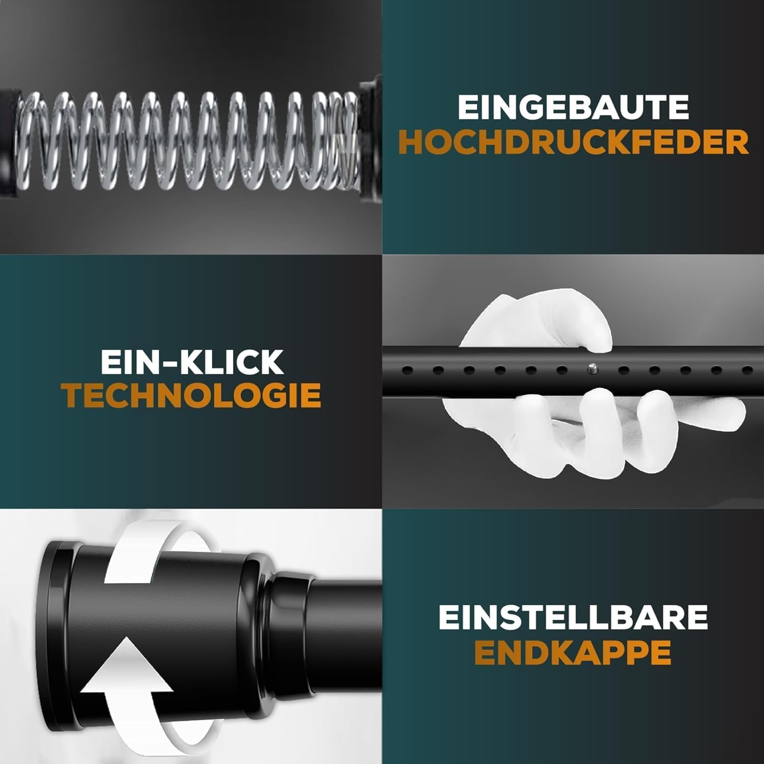 Thumbnail 4 de MEISENBERG Gardinenstange ohne Bohren 320-370 cm, Schwarz, Ø 32 mm – Teleskopstange zum Klemmen