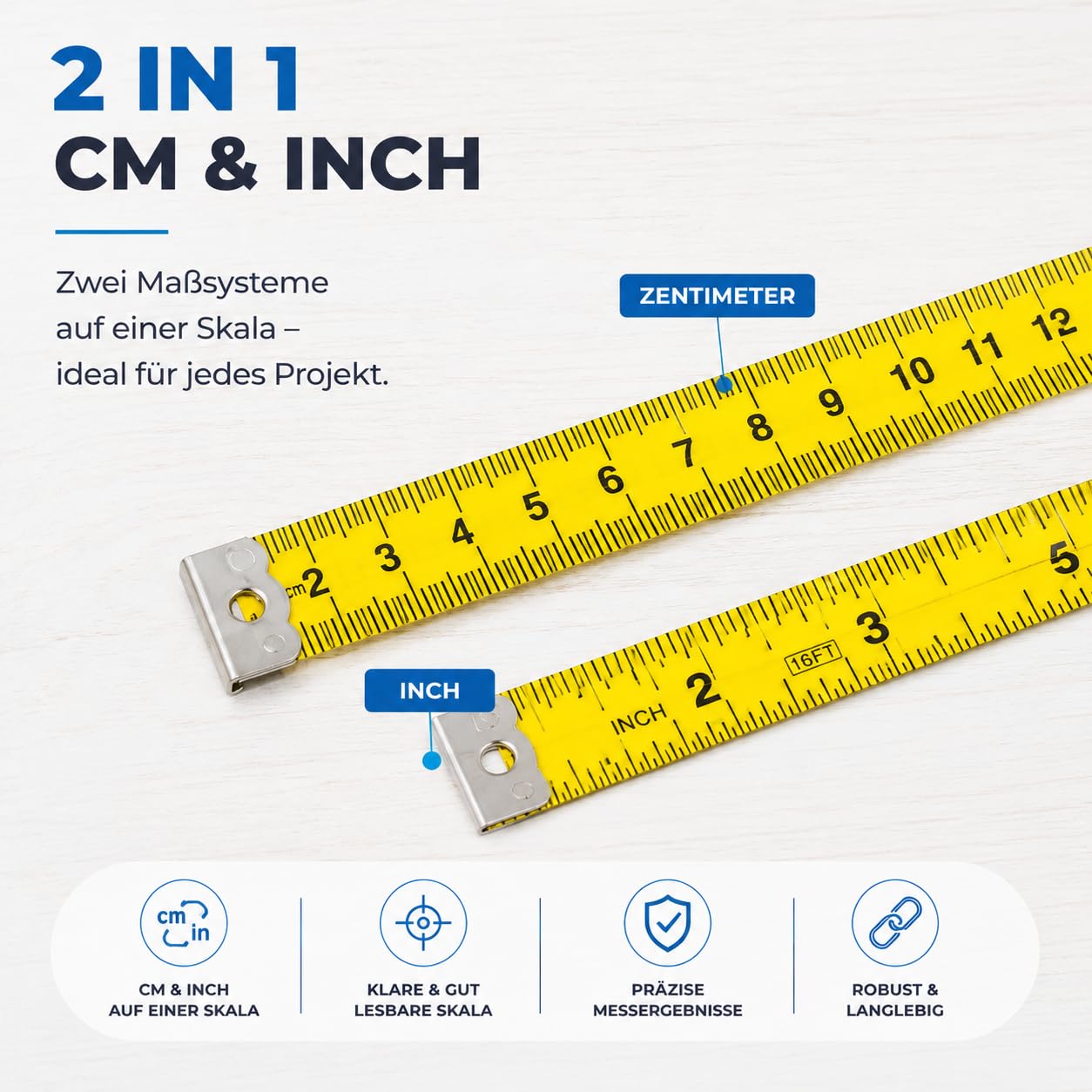 Detalle de PraktiKraft 2-in-1 meetlint 150 cm met cm- en inchschaal en opbergdoos