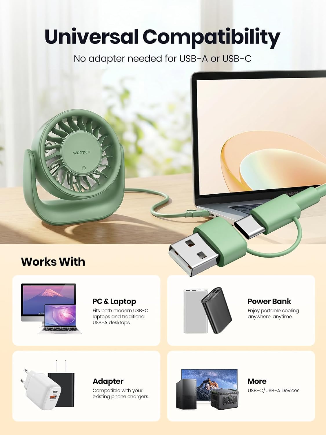 Thumbnail 6 de Warmco USB Desk Fan DS1: 3-Speed, 2-in-1 USB-A & USB-C, 120° Tilt, No Battery