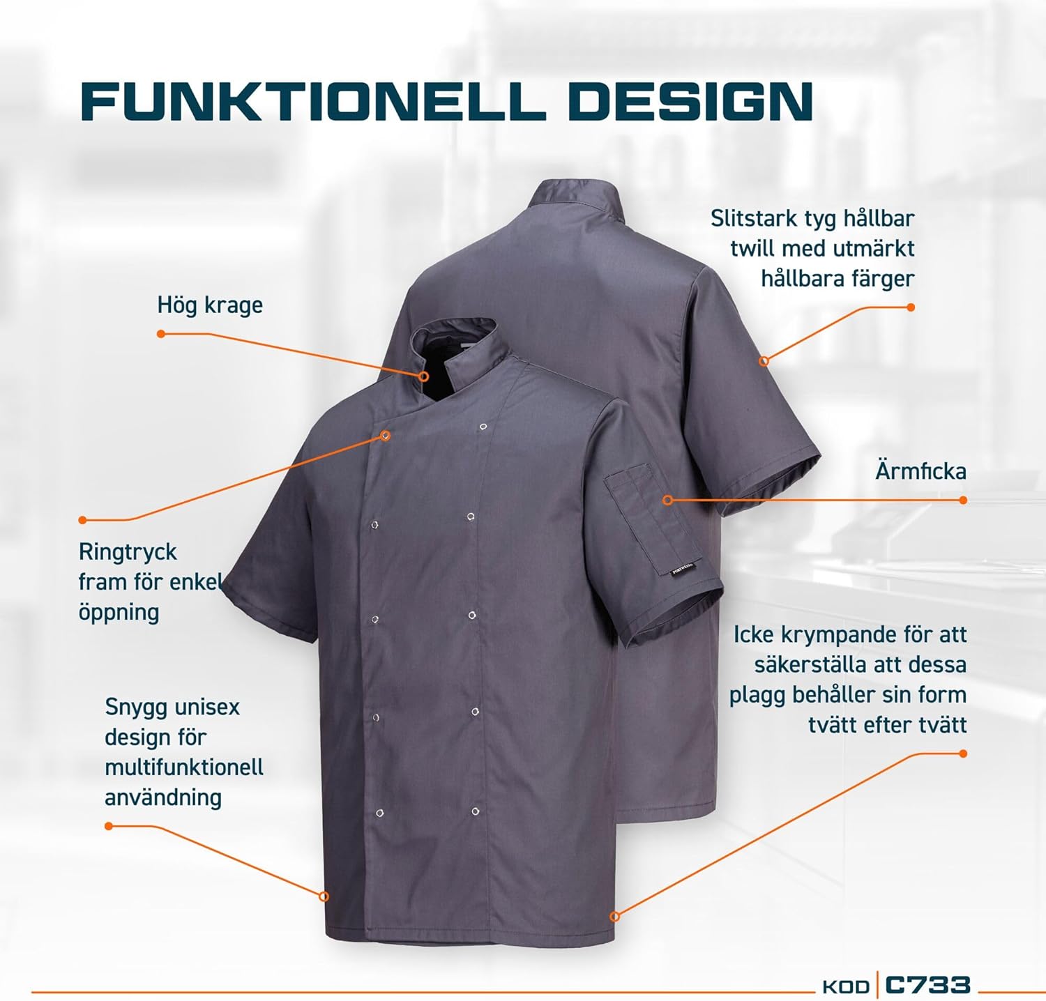 Detalle de Portwest C733 Veste de Chef Moderne Légère à Manches Courtes Cumbria