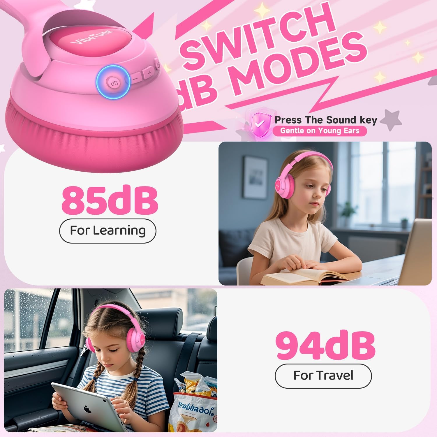 Thumbnail 4 de VibeTune Kids Bluetooth Headphones (Pink) with up to 60H playtime, volume limited 85/94dB and Bluetooth 5.4