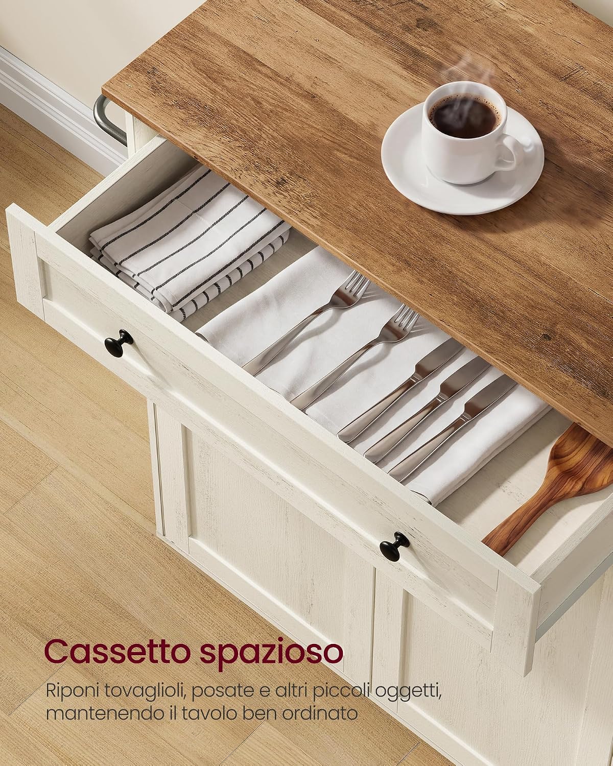 Detalle 2 de VASAGLE SIREN Collezione: Isola da Cucina con Piano di Lavoro 40 x 78,5 x 89,2 cm in Bianco Rustico e Marrone Miele (KKI009WJ01)