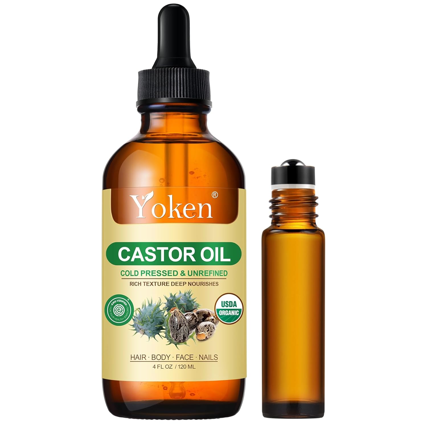 Detalle de Yoken Castor Oil, 4 oz Cold-Pressed Organic Oil with Roller Bottle