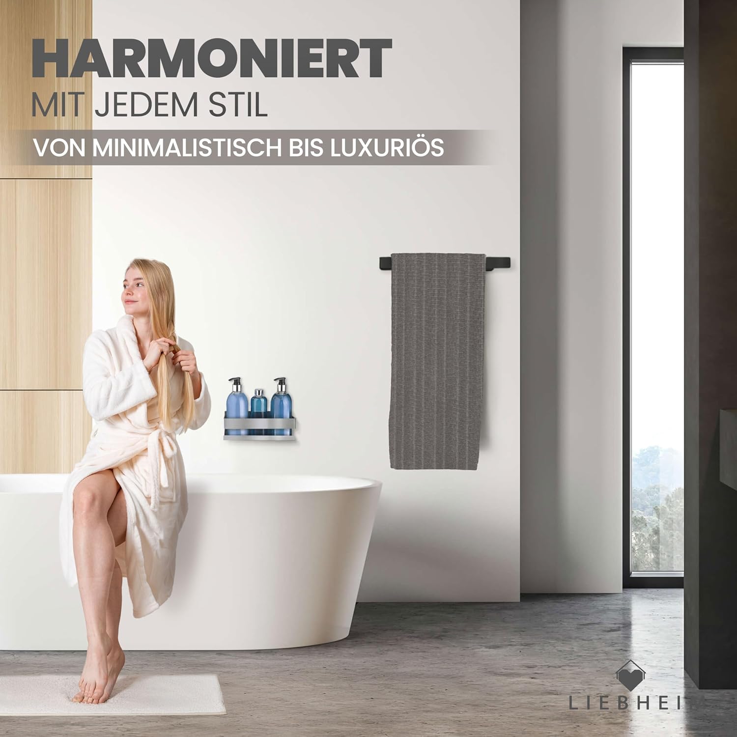 Thumbnail 6 de LIEBHEIM Handtuchhalter ohne Bohren, schwarz – Handtuchstange aus Aluminium, 40 cm