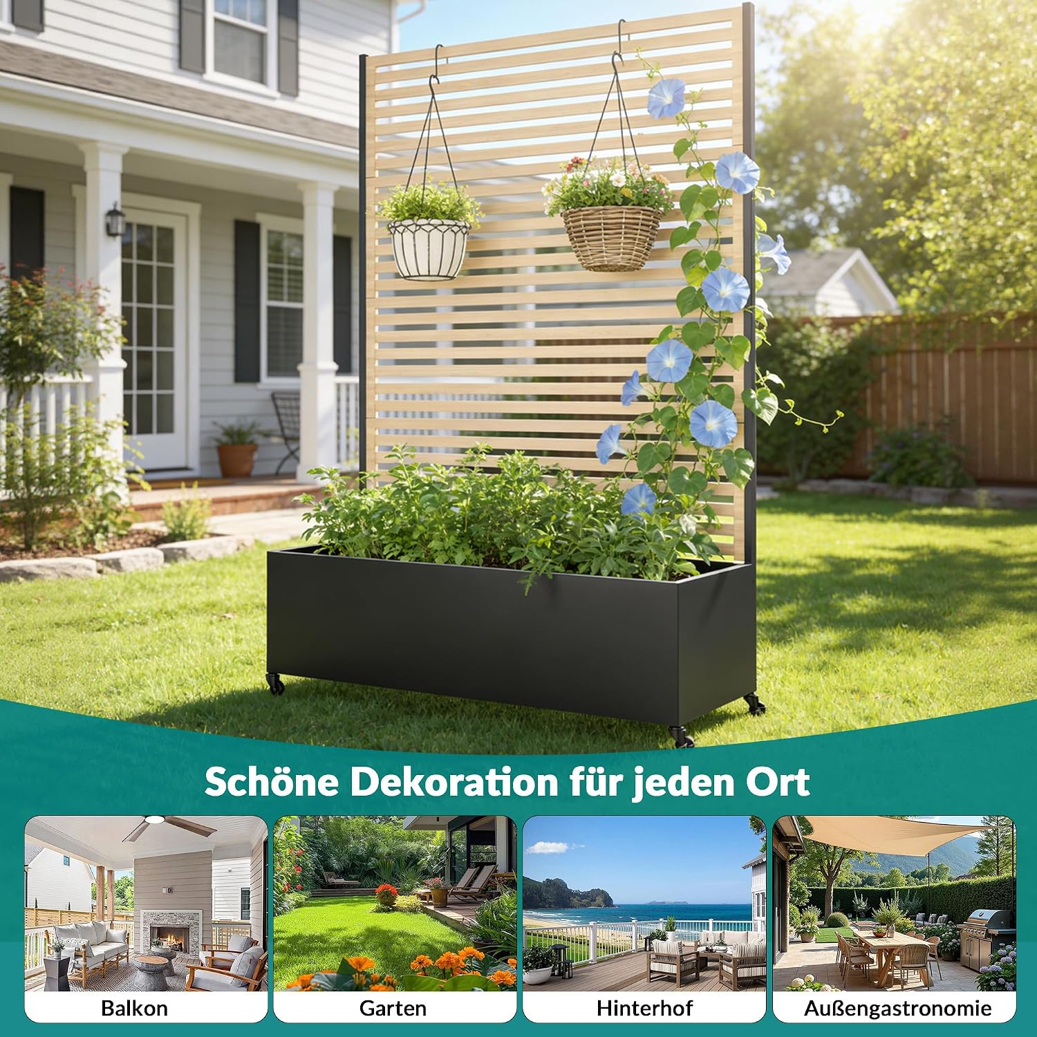 Thumbnail 6 de Pflanzkasten aus Metall mit Spalier – Hochbeet mit Rädern, wetterfest, freistehender Sichtschutz für Balkon, Terrasse oder Garten