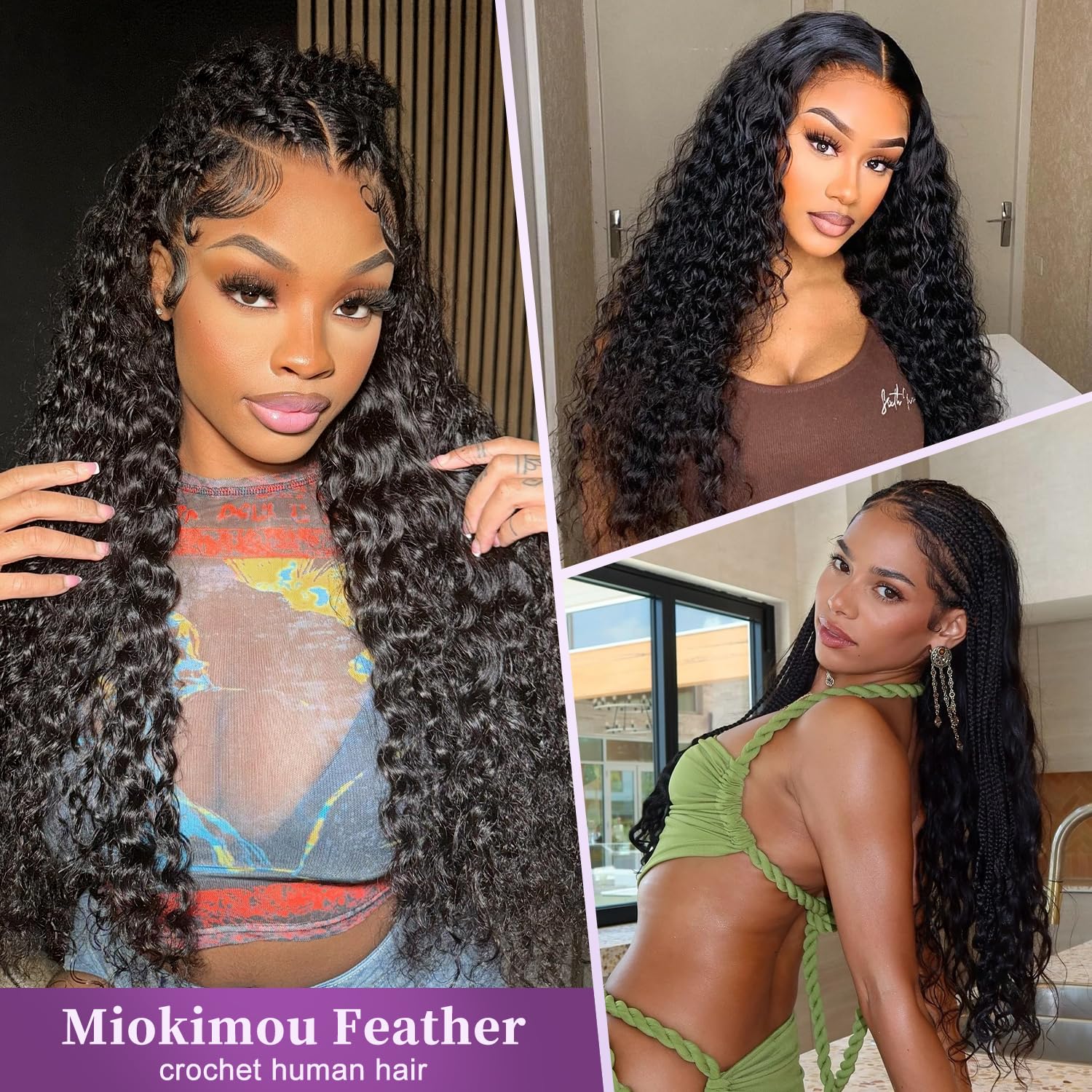 Detalle de Miokimou Feather Crochet Human Hair 20Inch Deep Wave: Knotless, Pre-Separated for a Fuller Look