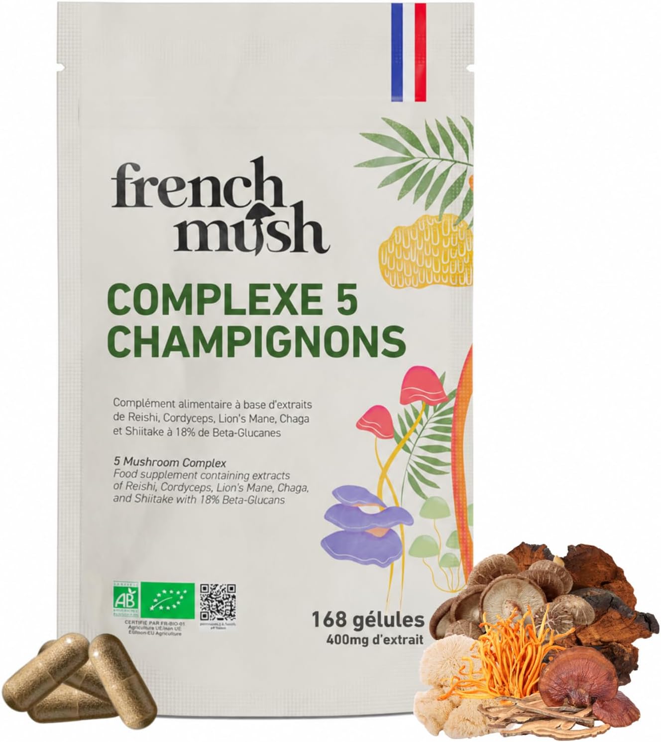 Detalle de French Mush Complexe 5 Champignons Bio Grand Format – 168 Gélules Vegan