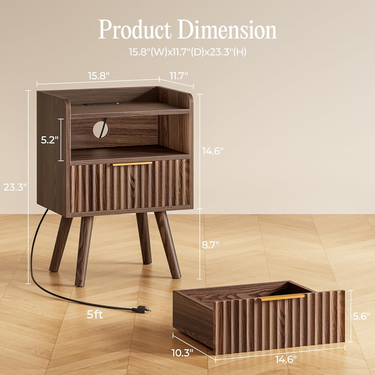 Detalle de Huuger Set of 2 Nightstands with Charging Station, USB-C, Walnut Fluted Drawer