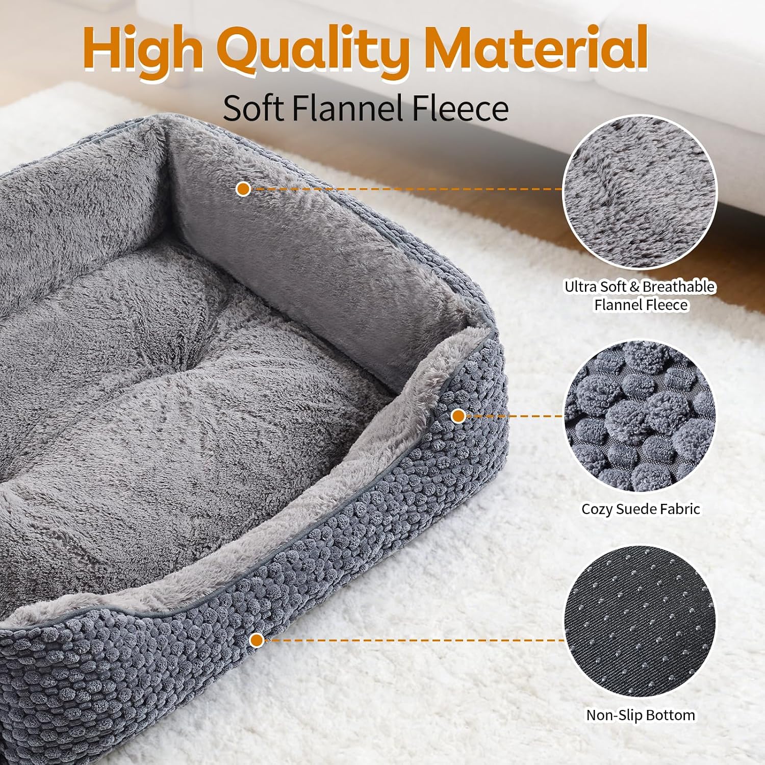 Detalle de Oveppy Small Dog Bed (52x48x15cm) – washable, super soft rectangle bed with raised edge