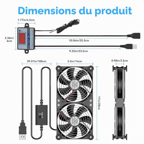 Thumbnail 6 de ELUTENG Ventilateur USB 2 en 1 140 mm avec contrôleur de température numérique – double rangée, 3 vitesses