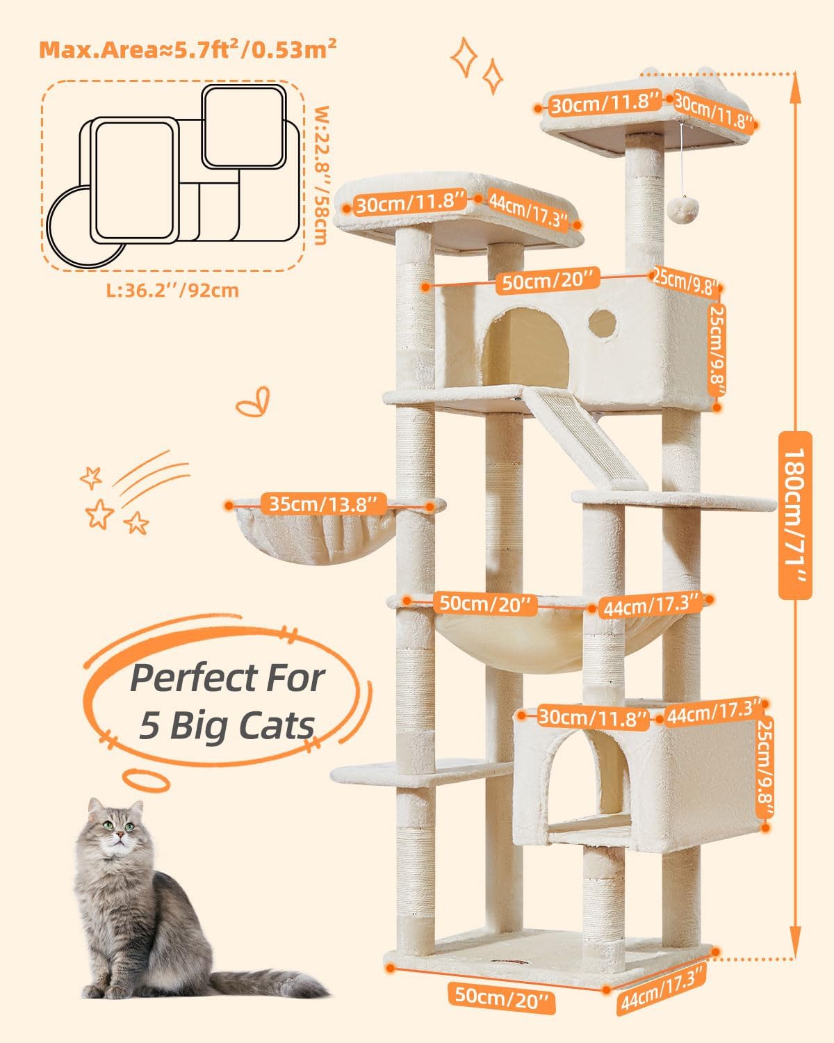 Thumbnail 2 de Taoqimiao Cat Tree, 180cm Cat Tower for Indoor Cats – MS026LM Beige