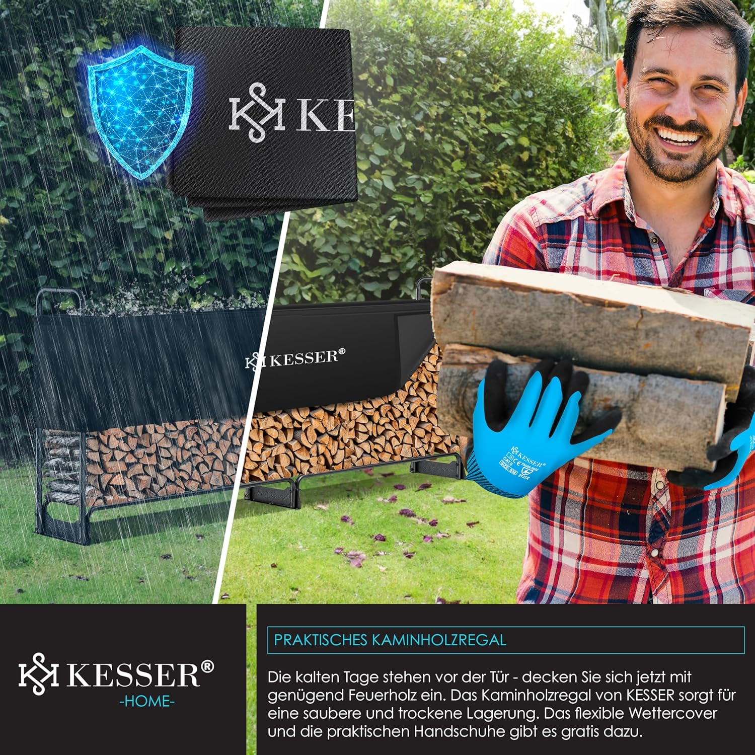 Thumbnail 5 de KESSER® Kaminholzregal Metall 260×36×117 cm – Stahlrahmen für den Außenbereich mit Abdeckung & Handschuhen