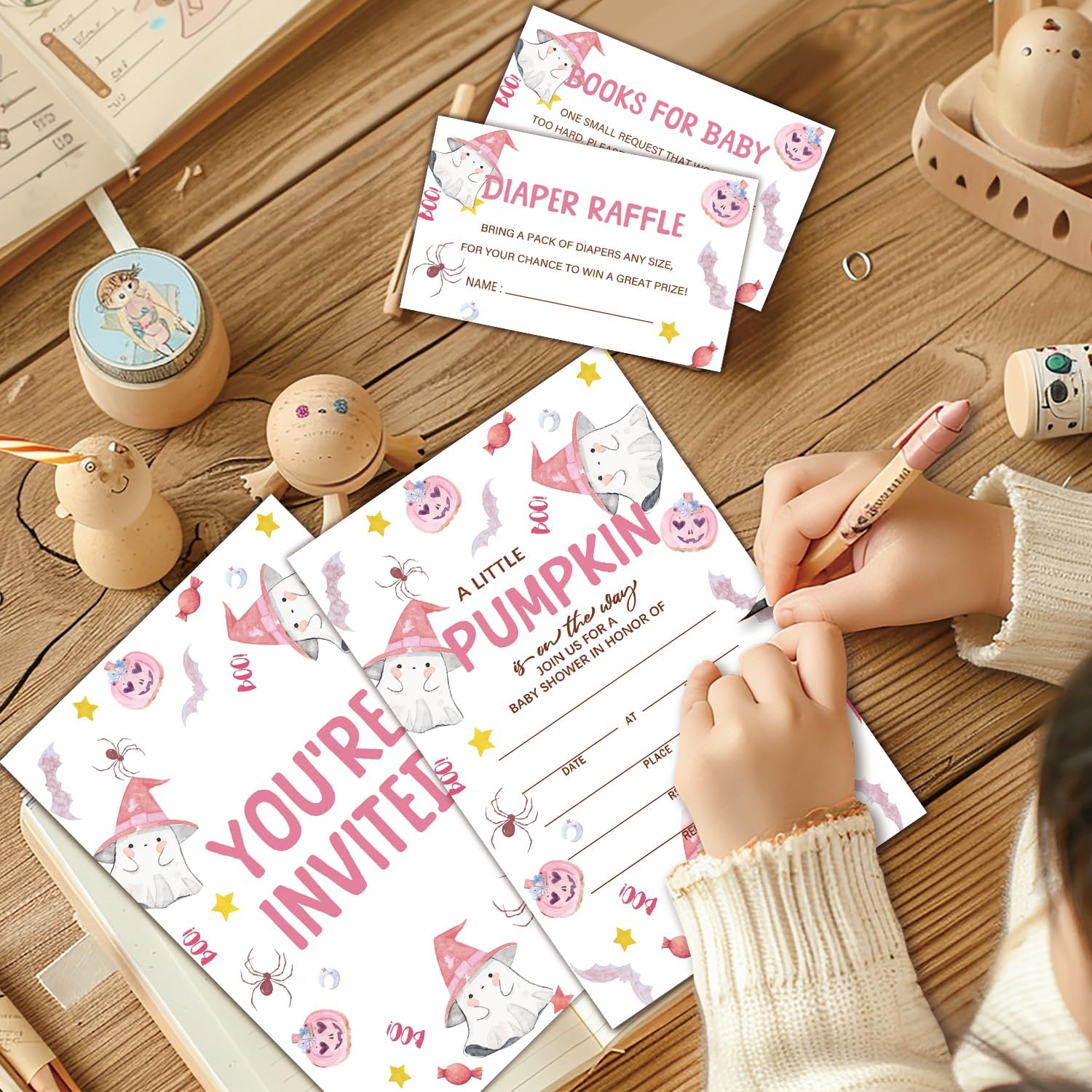 Detalle 2 de HQLOW Pink A Little Pumkin Halloween Boo! Baby Shower Invitation Set