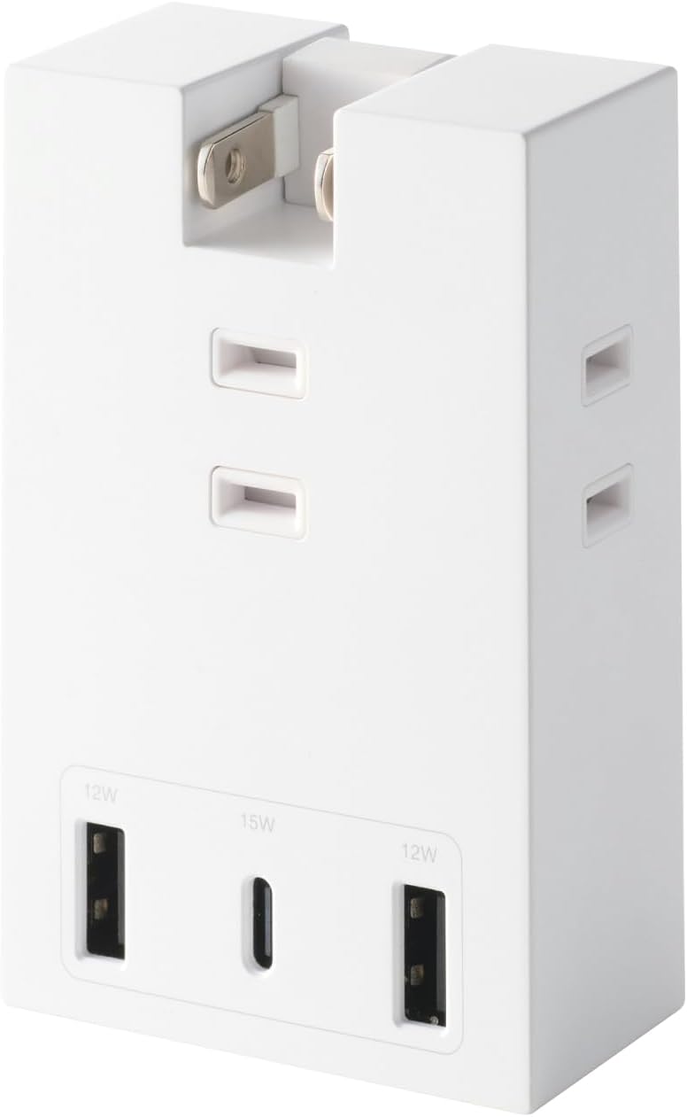 Detalle de エレコム ECT-37-3A2CWH USB付き直挿し電源タップ 3個口・USB-A×2・USB-C×1、合計15W