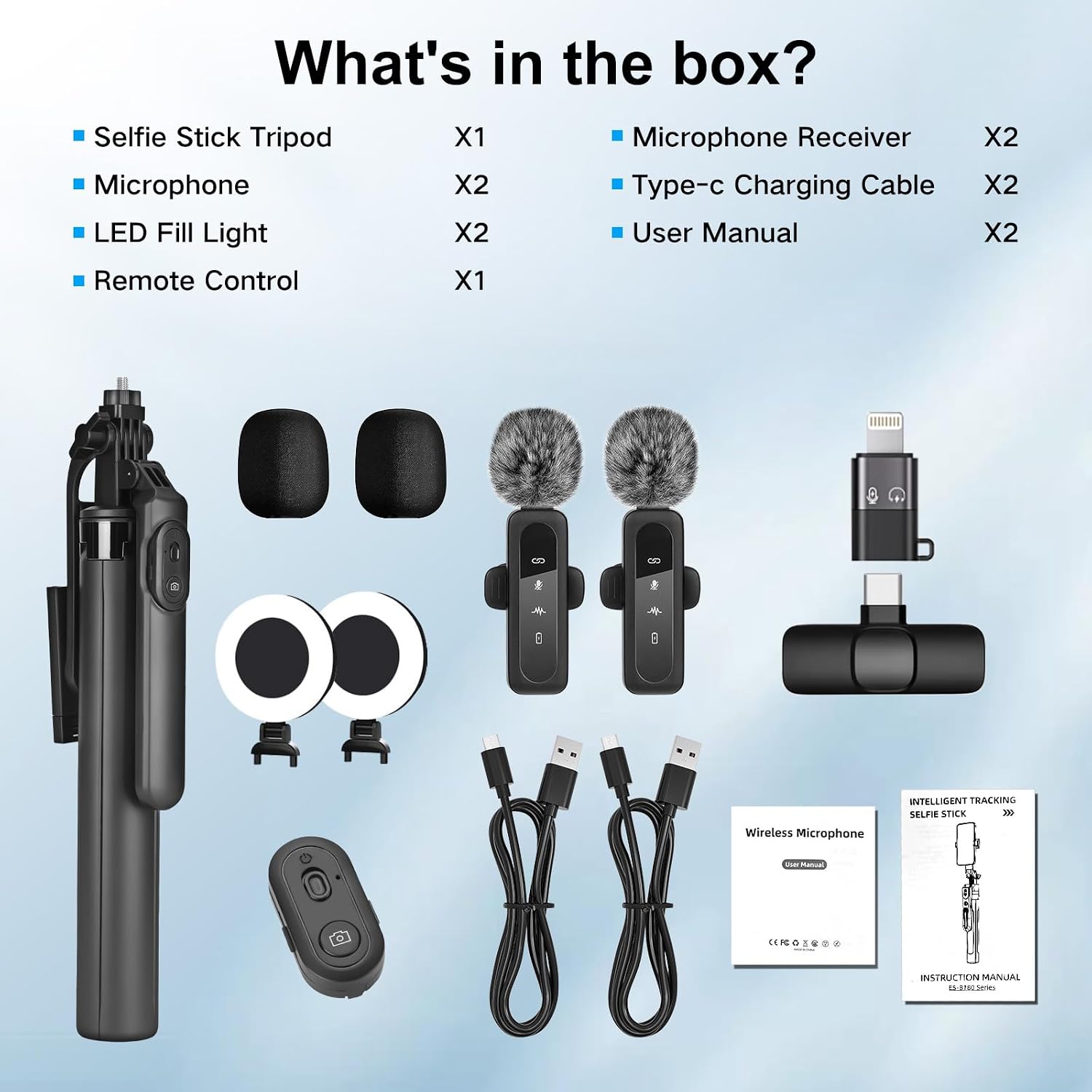 Detalle de Handy Stativ Vlogging-Kit für iPhone/Android – 180 cm Selfie-Stick mit kabellosem Mikrofon, 2 Fill-Lights und Fernbedienung