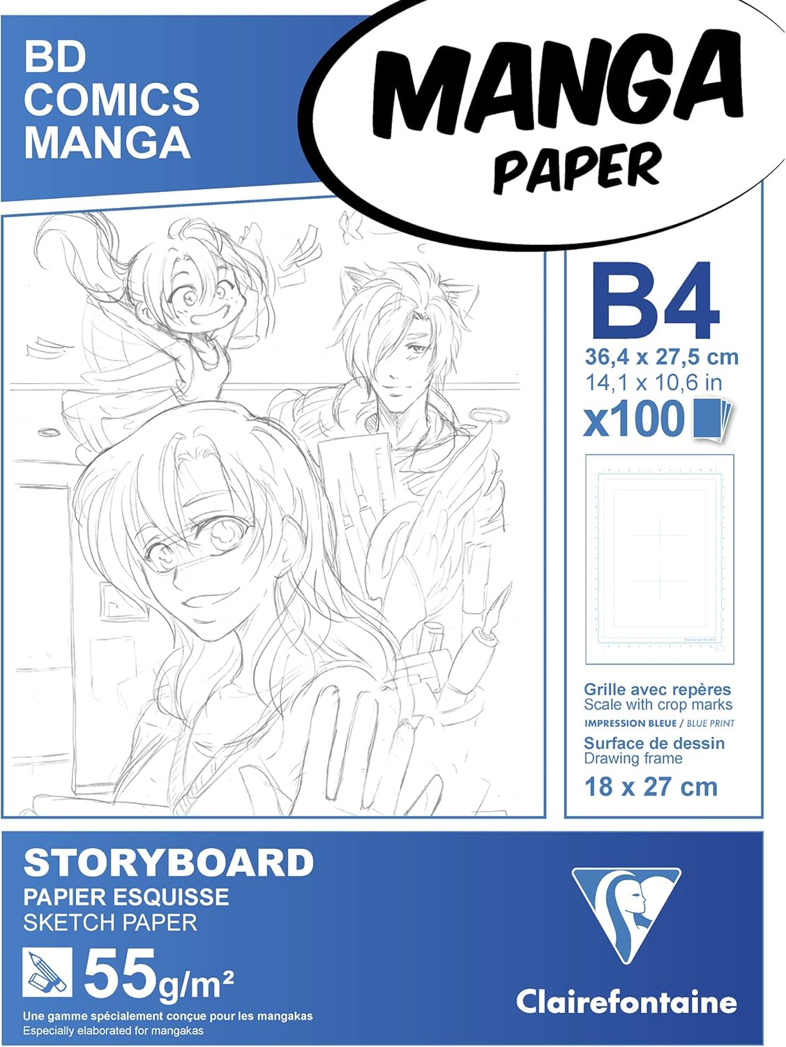Thumbnail 6 de Clairefontaine 94039C Blocco collato Manga e Storyboard – 100 Fogli B4 55g, griglia semplice, 18x27 cm utili per schizzi