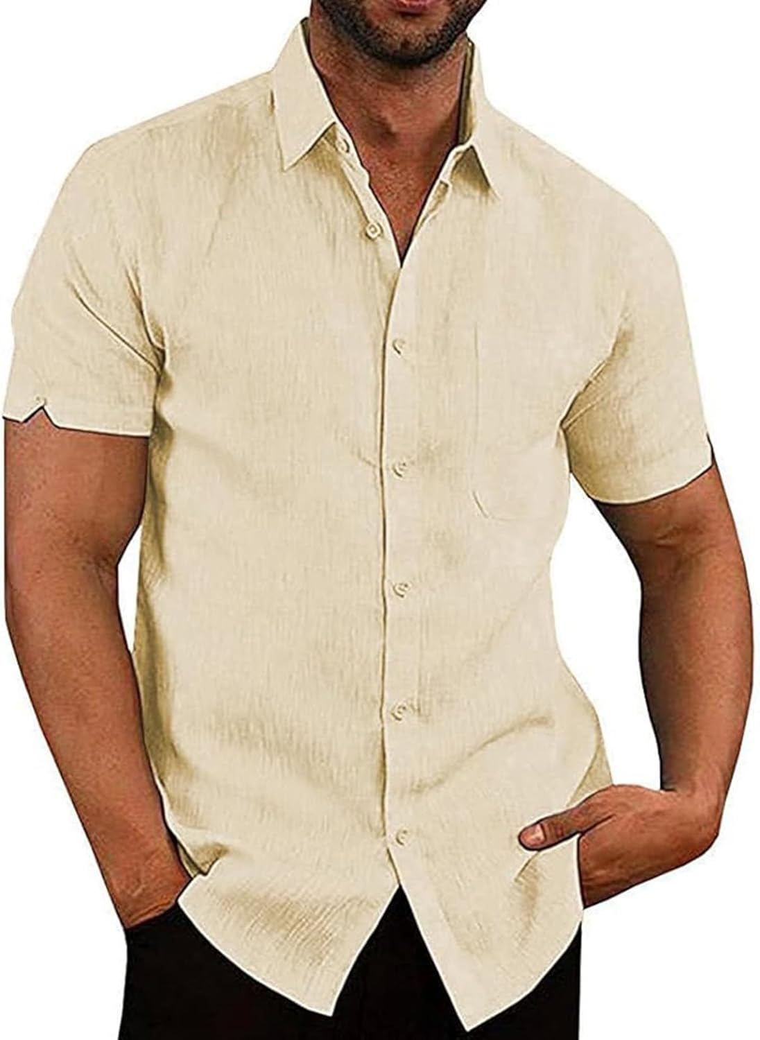 Detalle de Chemise homme Friptspyg en lin et coton — manches courtes, coupe Regular, poches