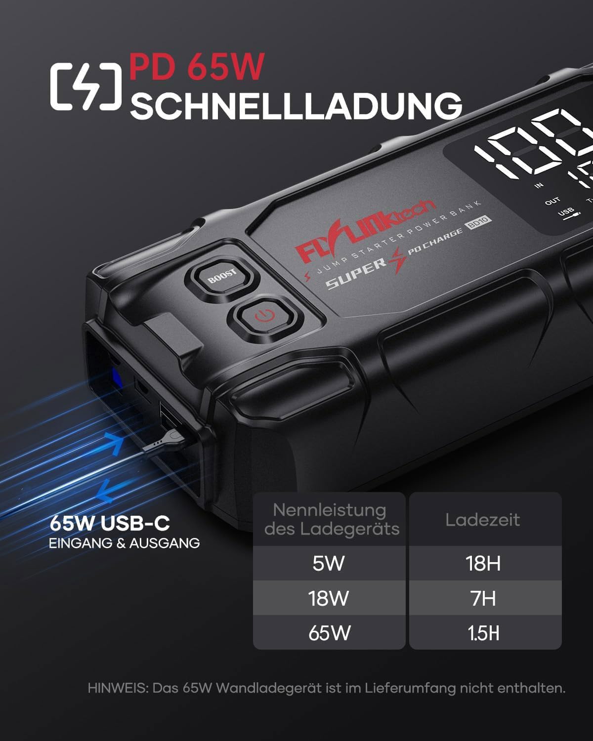 Detalle 2 de FLYLINKTECH 8000A Starthilfe Powerbank 26800mAh