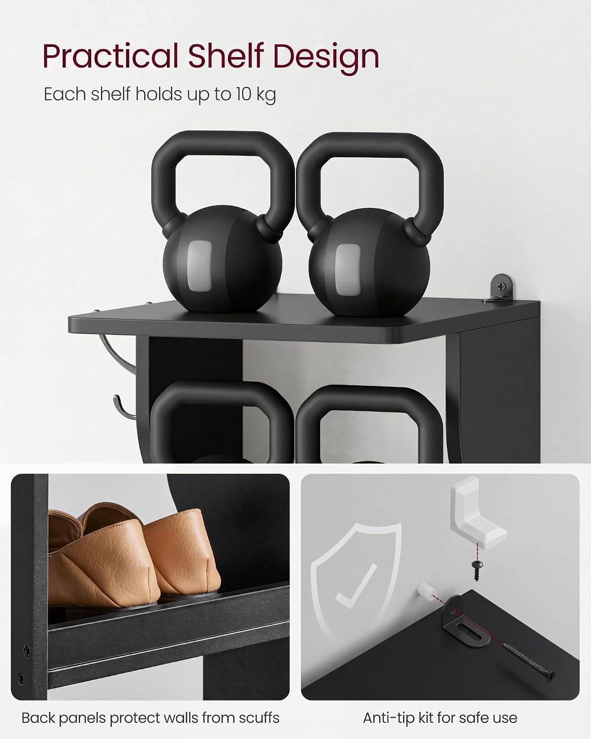 Thumbnail 6 de VASAGLE LBS200T16 Slim Shoe Rack, Black Engineered Wood Stand with Hooks