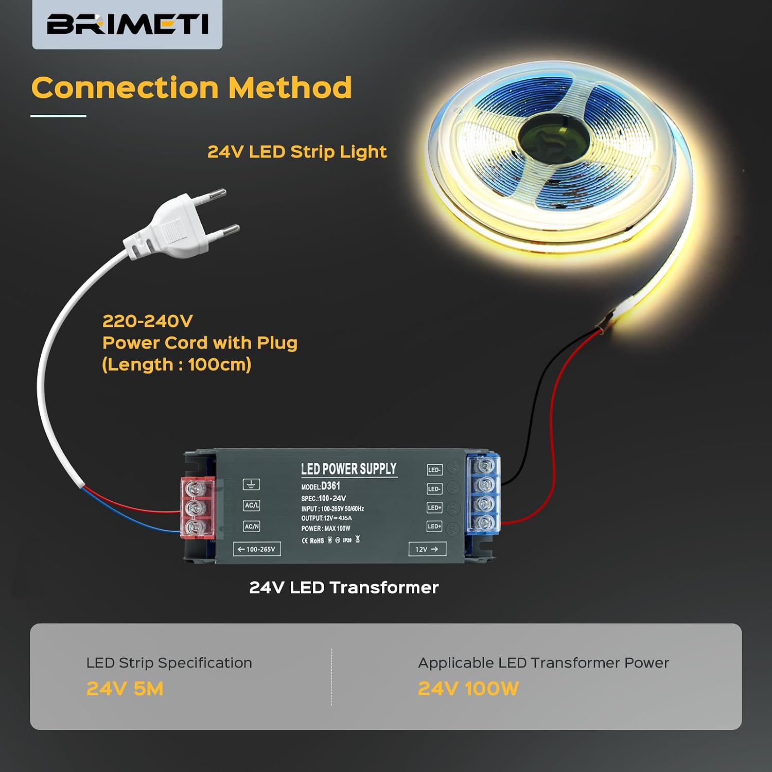 Detalle de BRIMETI 5M taśma LED COB 24 V, 6000 K, 320 LED/m, szerokość 8 mm