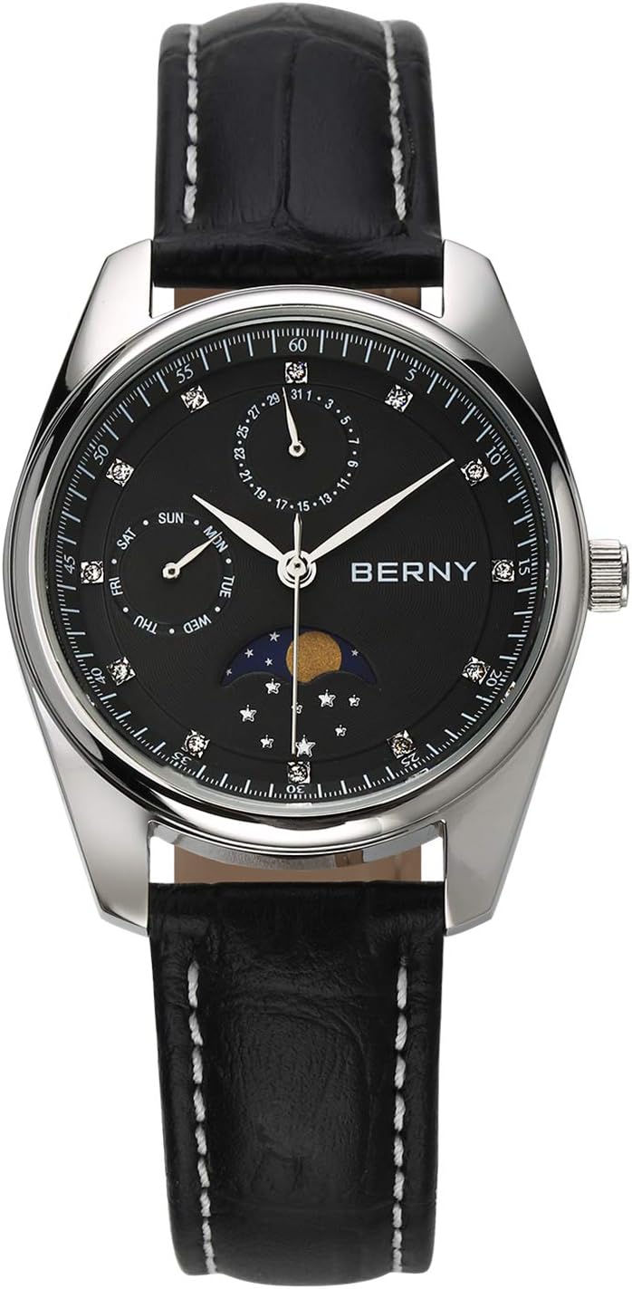 Detalle de BERNY Multifunktionsuhr für Damen – wasserdicht, Lederband, Kalenderwoche & Mondphase