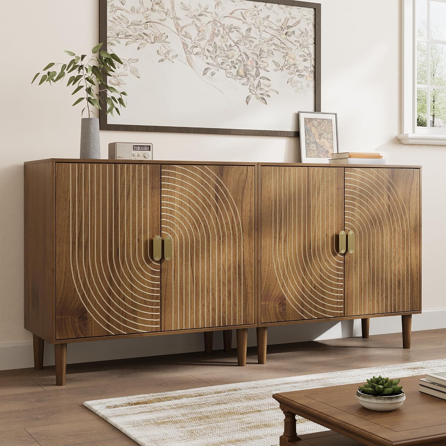 Detalle de Smuxee sideboard walnut buffet cabinet with adjustable shelf and grooved doors