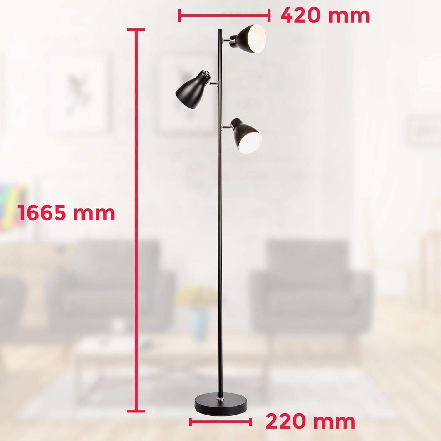 Thumbnail 5 de B.K.Licht Stehlampe Vintage mit Fußtaster – schwenkbar, E27, 3-flammig, 166,5 x 22 cm, Schwarz