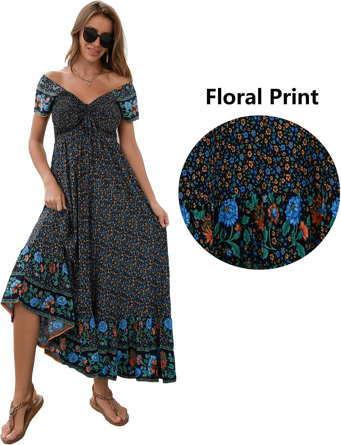 Detalle de Summer Floral Smocked Maxi Dress for Women (2026) – Rayon Boho Tiered A-Line Beach & Party Dress