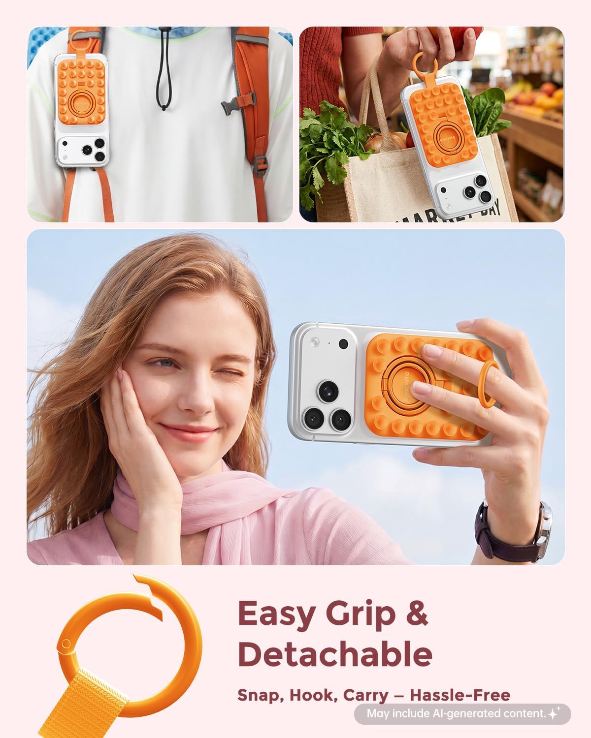 Thumbnail 2 de Syncwire Magnetic Suction Phone Mount for MagSafe (Orange) with Silicone Octo Cup Grip Ring Holder