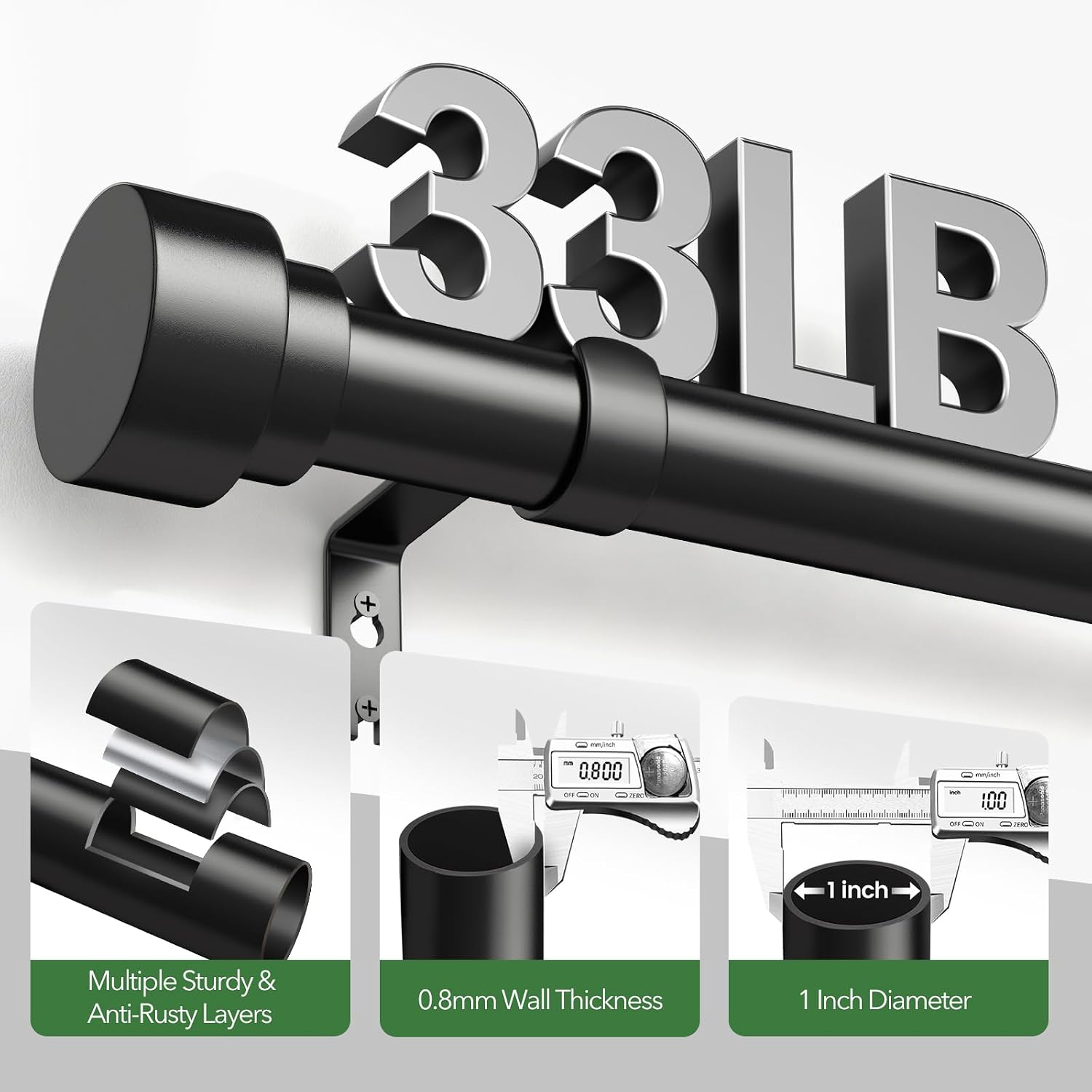 Detalle 2 de Time Forest Black Curtain Rods for Windows (32"–120"), 1-Inch Heavy-Duty Adjustable Rod with End Caps