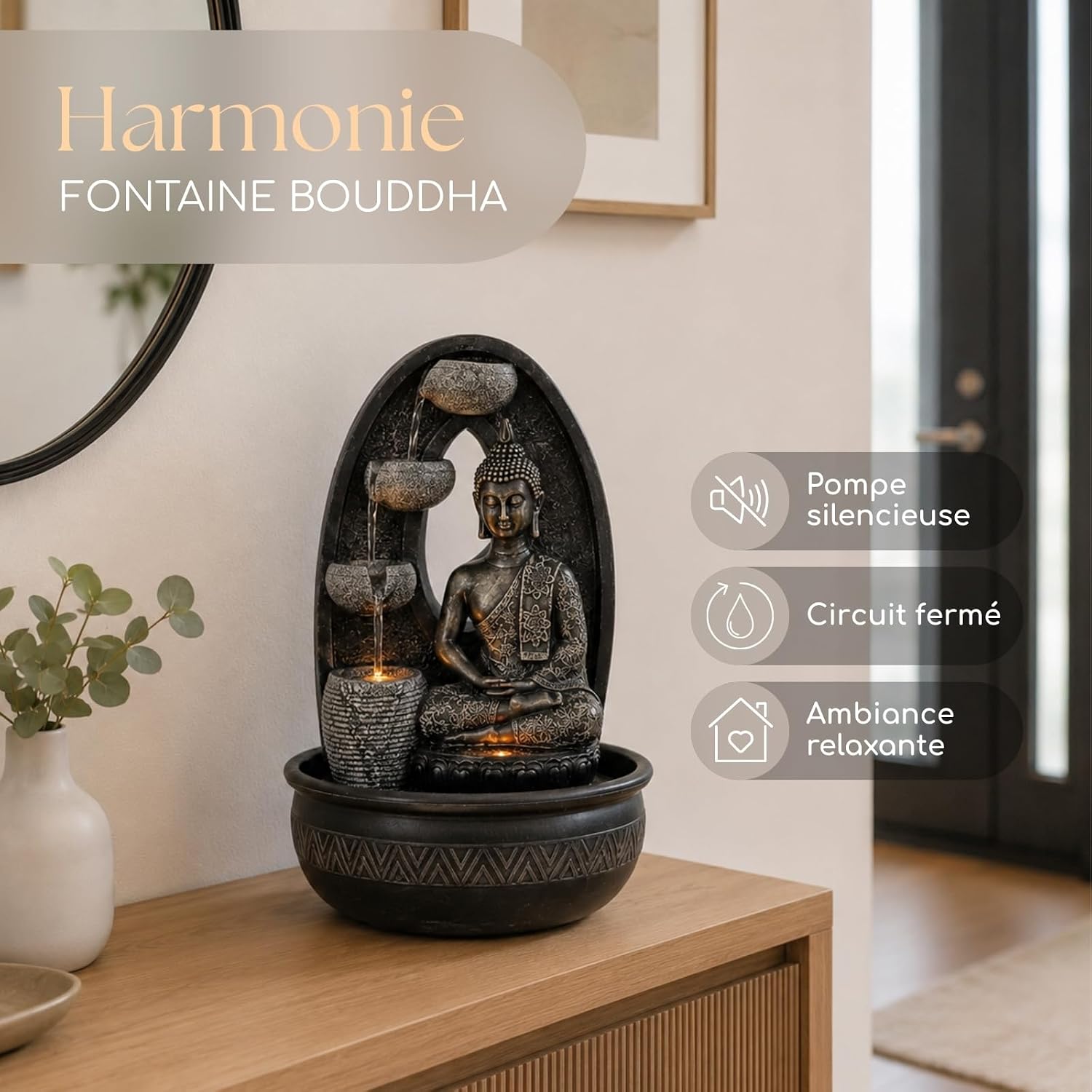 Thumbnail 1 de Fontaine d’intérieur Bouddha Harmonie Zen’Light (40 cm) avec 2 LED colorées et pompe silencieuse