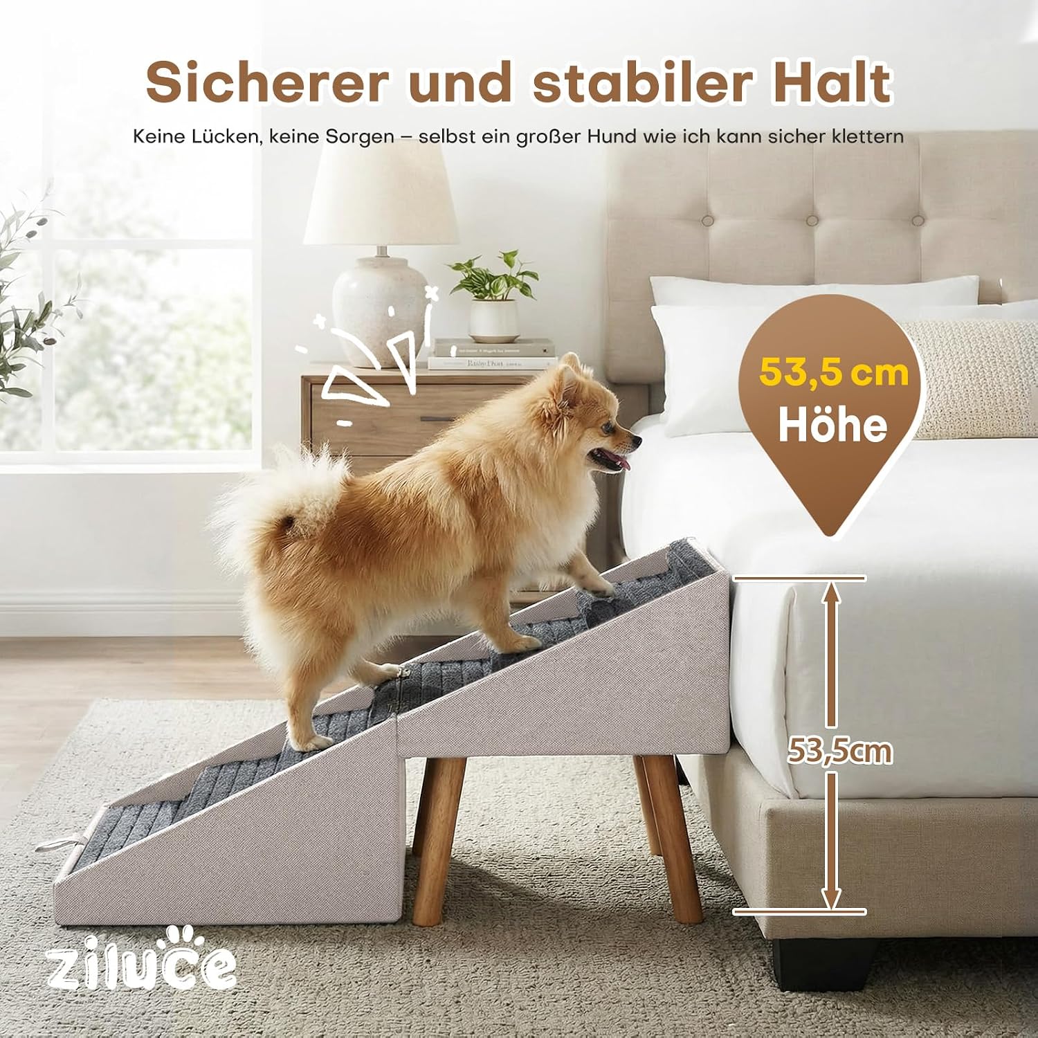 Detalle 2 de Hunderampe für Bett und Couch – 2-in-1 Holztreppe und Ottomane für kleine bis große Hunde (Aprikose, 53,5 cm hoch)