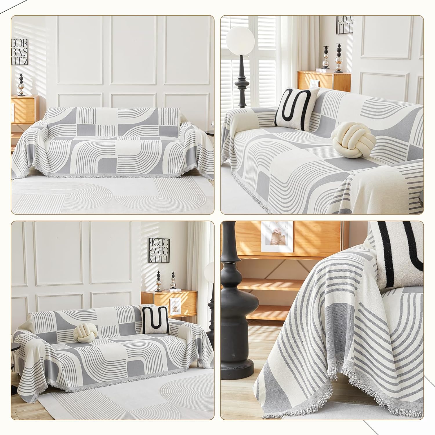Detalle 2 de WEYOND Boho chenille couch cover sofa slipcover (grey) – 230 x 380 cm