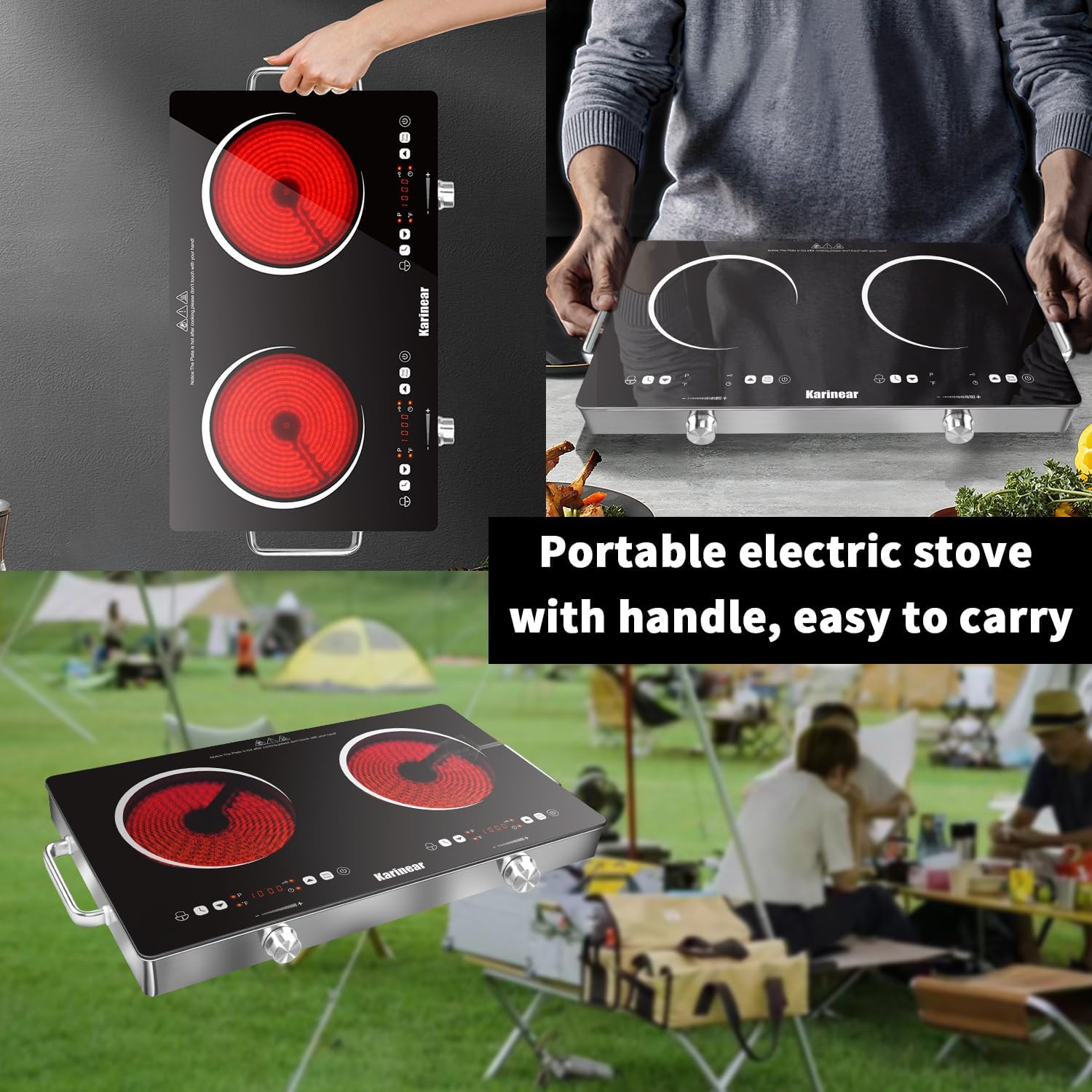 Detalle de Karineer 2 Burner Electric Cooktop 110V — Portable 24-Inch Ceramic Countertop Stove