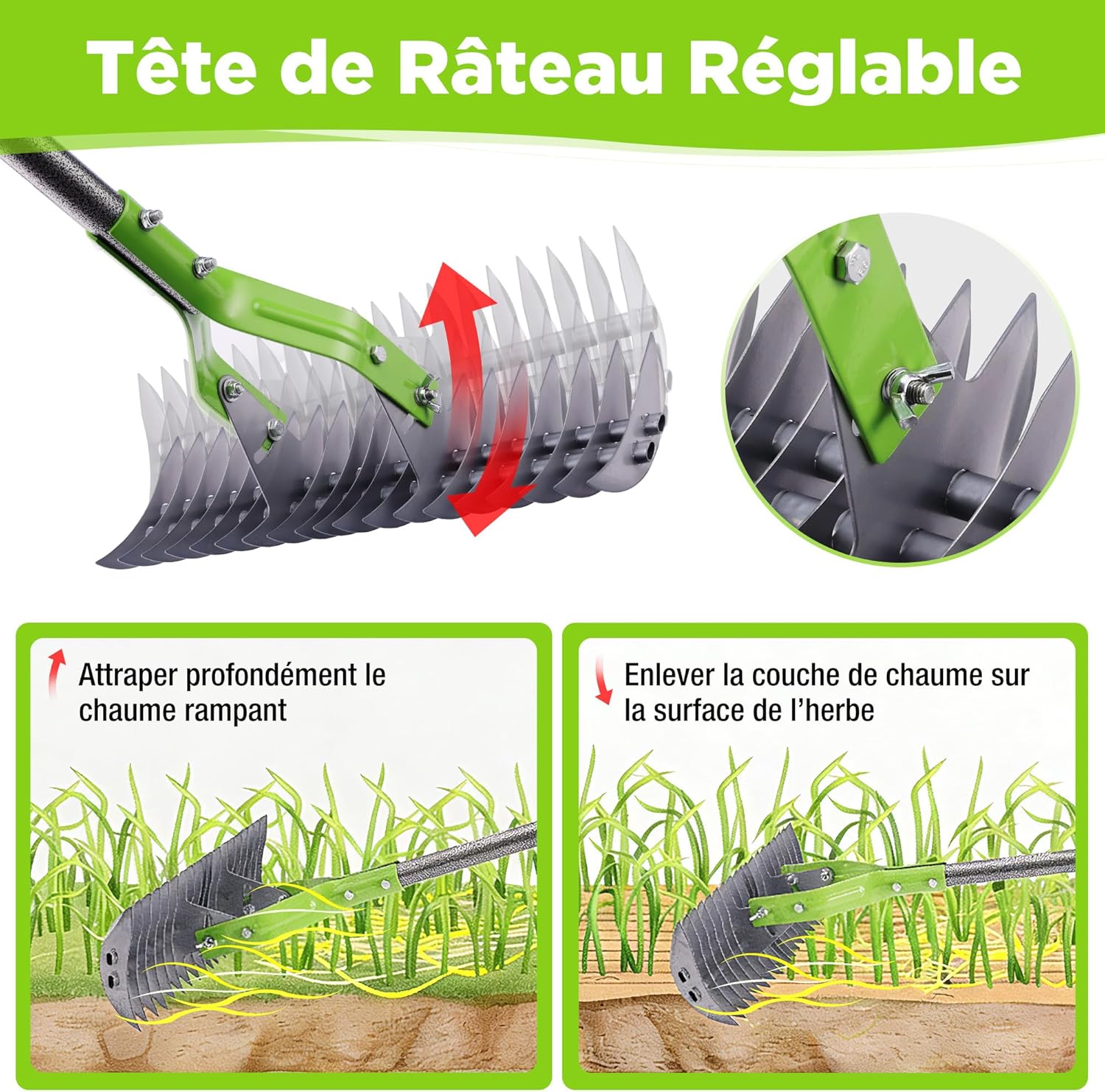 Detalle de WORKPRO Râteau à chaume 38 cm avec manche télescopique (jusqu’à 1,78 m) et tête réglable