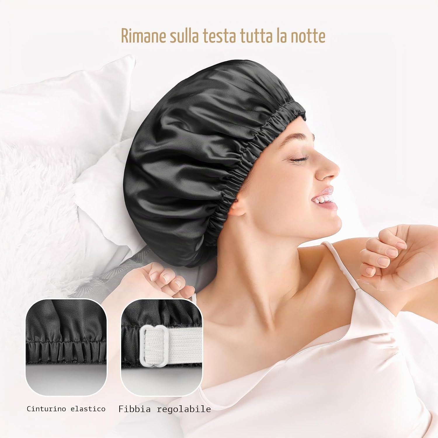 Detalle de Umisleep Cuffia da notte in seta 22 Momme in gelso 100% (doppia), nera, regolabile