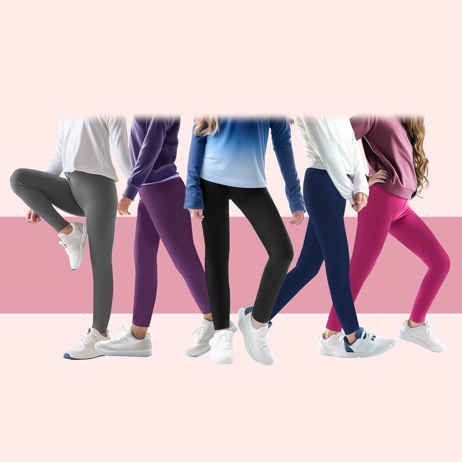 Detalle 2 de Whimtoyland Girls’ Leggings 5-Pack, Ankle-Length Stretch, Sizes 4–12